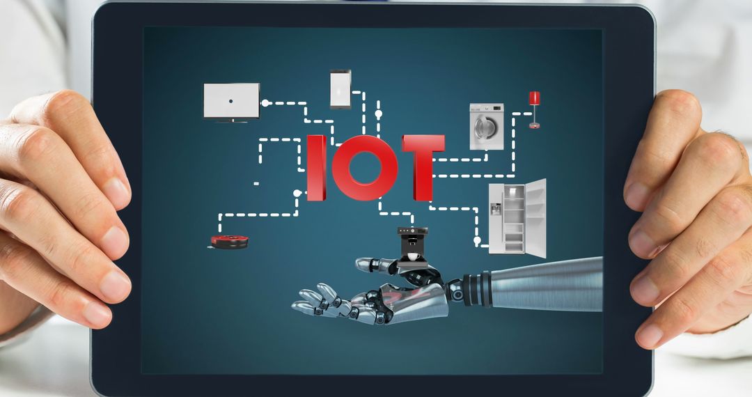 Hands Holding Tablet Displaying IoT with Robotic Automation