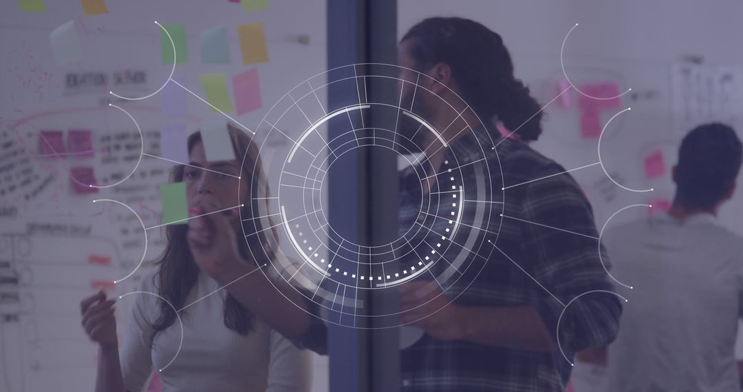 Diverse Team Brainstorming in High-Tech Corporate Environment