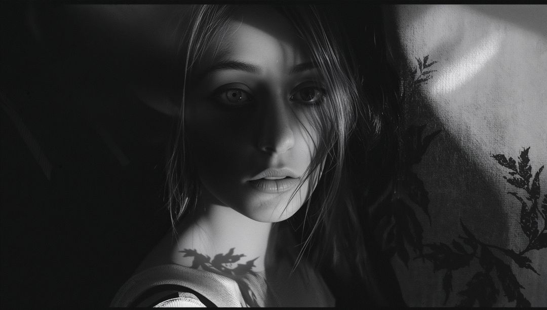 Dramatic Monochrome Portrait with Leaf Shadows, Feminine and Artistic