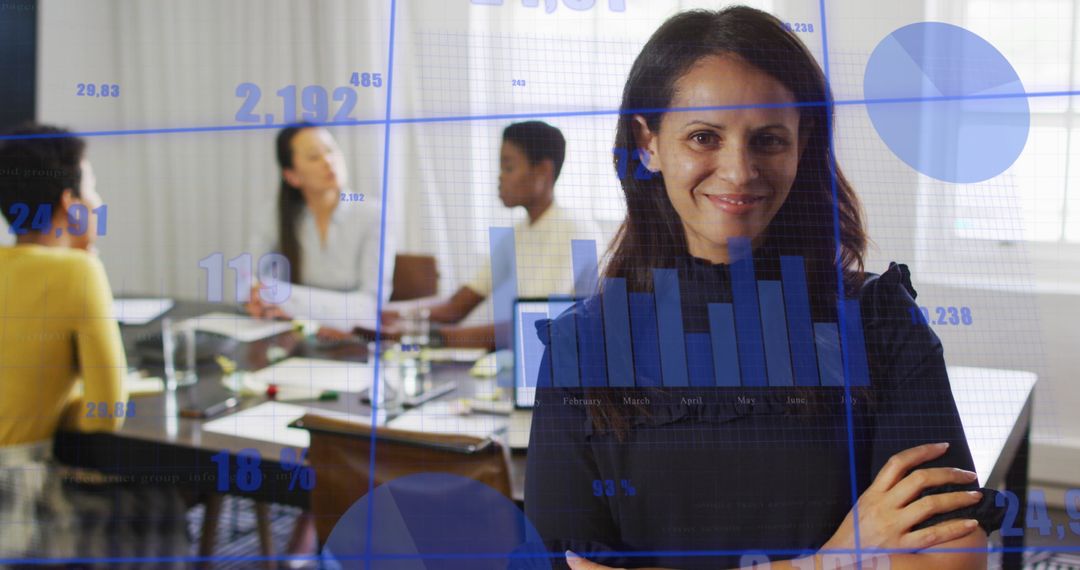 Businesswoman Smiling with Innovative Data Visualization in Modern Office