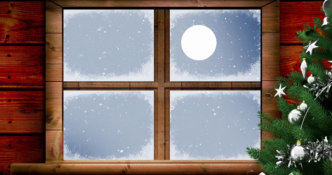 Cozy Winter Window with Snow and Moonlit Christmas Tree - Free Images, Stock Photos and Pictures on Pikwizard.com