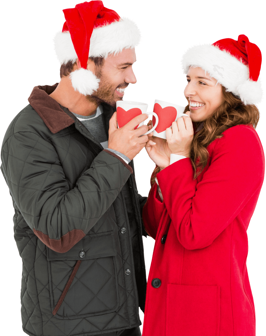 Smiling Couple Sharing Hot Drinks in Festive Attire on Transparent Background