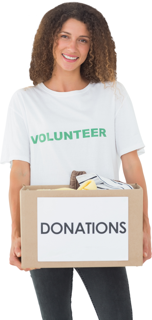 Smiling volunteer holding donations box on transparent background - Download Free Stock Images Pikwizard.com