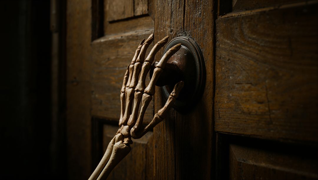 Skeletal hand on antique door creates tense mood