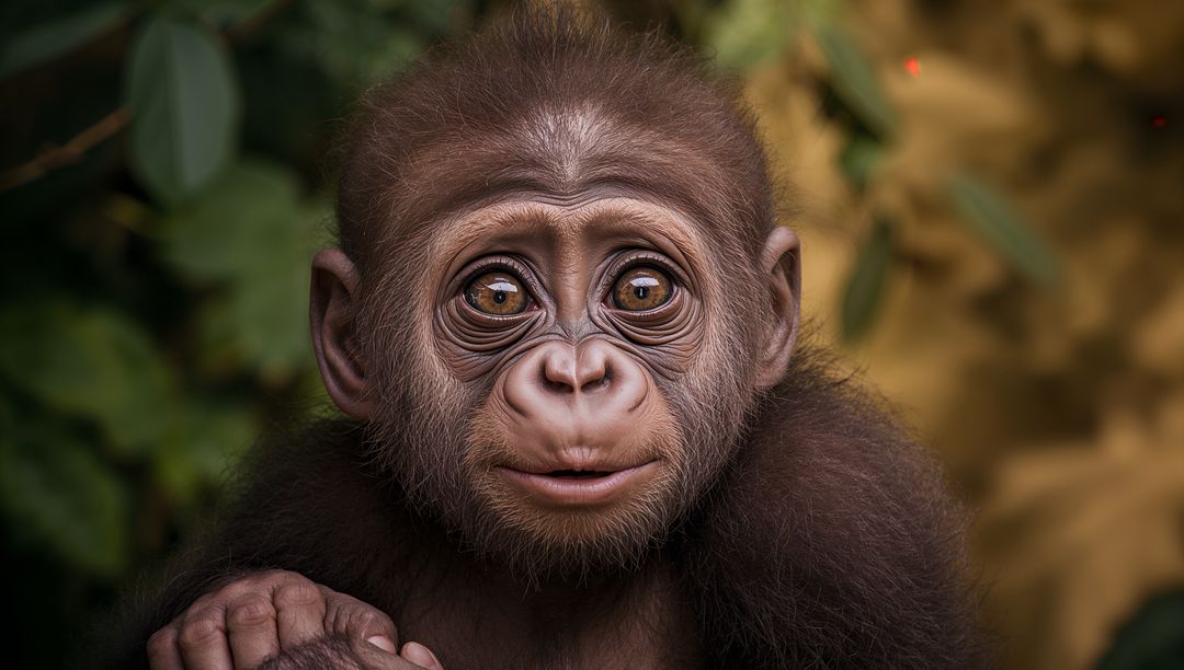 Curious baby chimpanzee portrait gazing with wide eyes in lush forest closeup