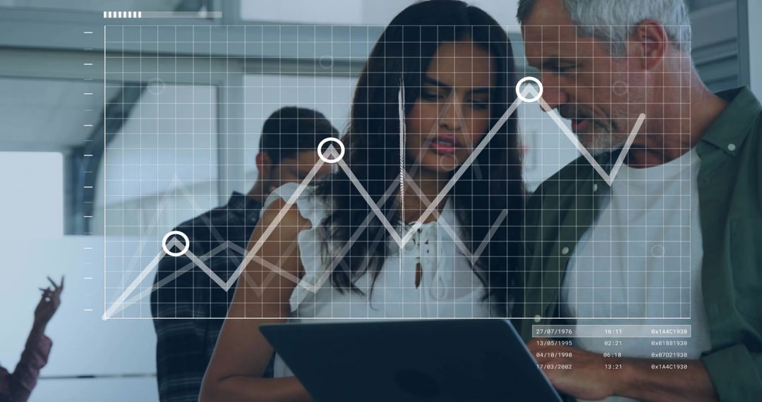 Collaborating Team Reviewing Tablet Analytics Dashboard Line Graph Overlay