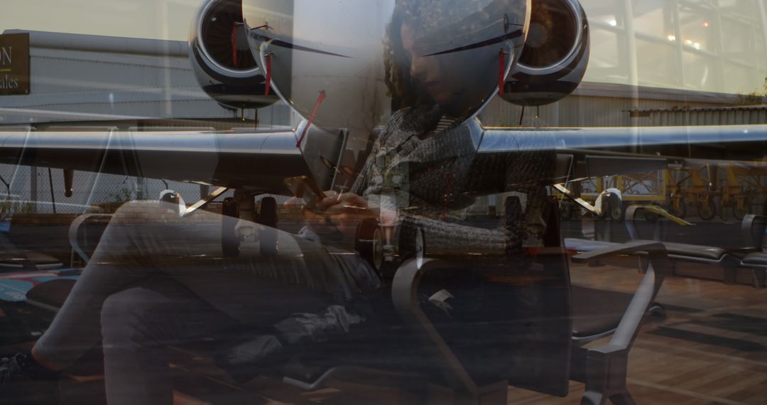 Modern Traveler Reflecting at Airport Lounge Next to Private Jet