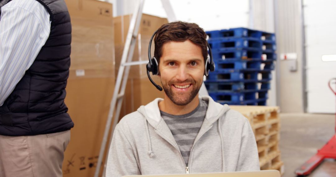 Smiling Customer Service Representative Wearing Headset in Warehouse - Free Images, Stock Photos and Pictures on Pikwizard.com