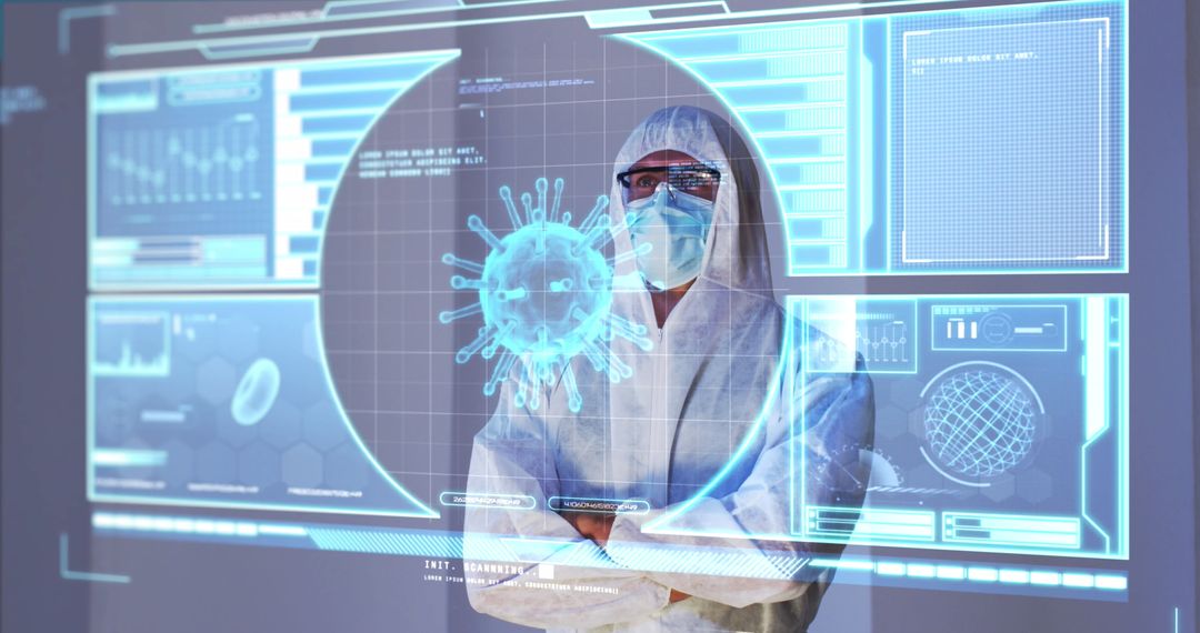 Scientist Analyzing Virus Data with Digital Interface Technology