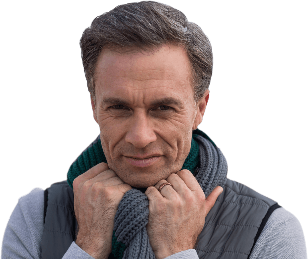 Caucasian Man Cozy in Scarf on Transparent Background