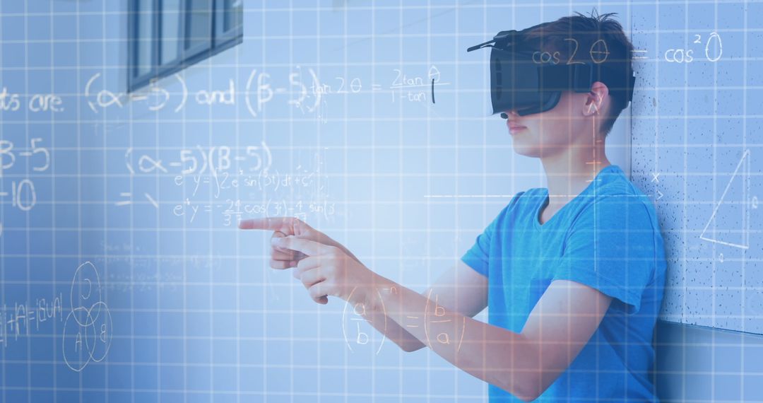 Student Using VR Headset with Overlaid Mathematical Equations