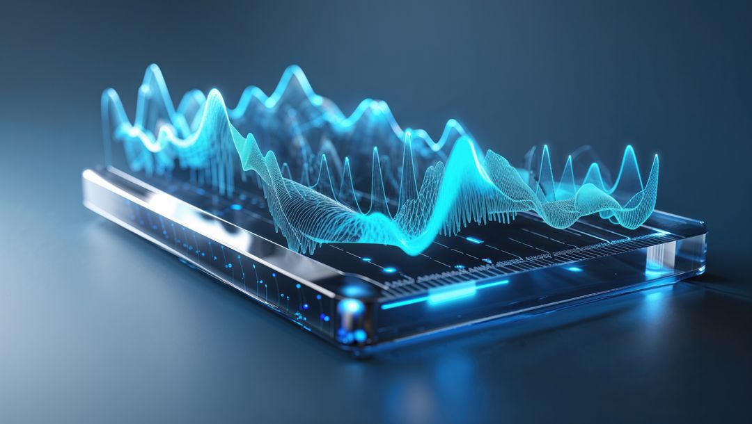 Futuristic transparent device projecting holographic data, seismograph concept