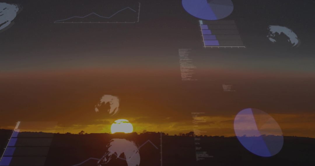 Sunset Landscape Blending with Digital Data Overlays, Charts and Analytics Visualization