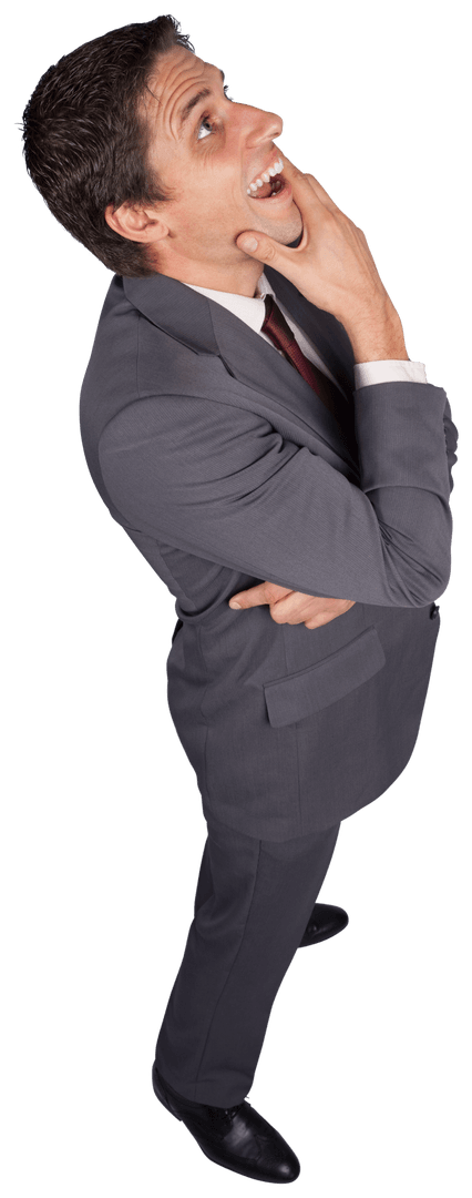Thinking Businessman in Suit Touching Chin with Curiosity