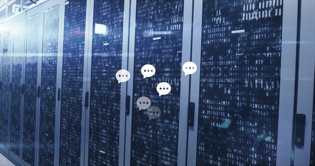 Modern Data Center Aisle with Networking and Chat Interface Overlay