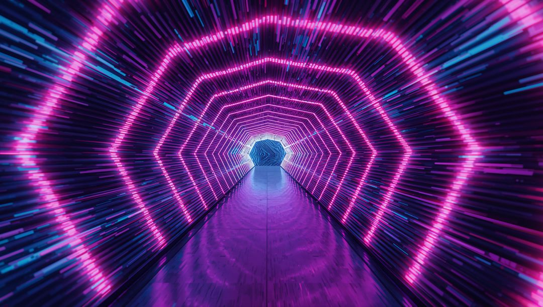 Futuristic Hexagonal Neon tunnel with Glowing LED Lights