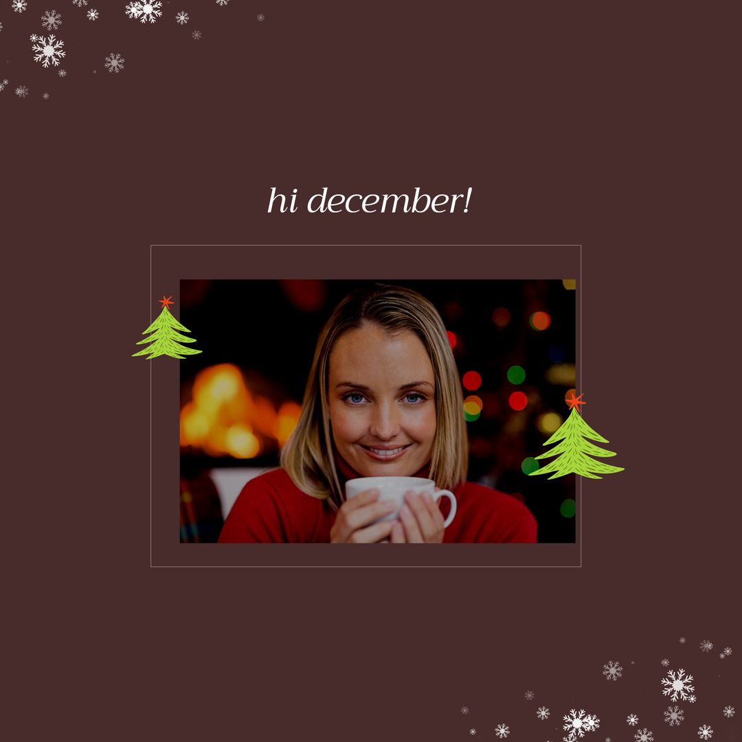 Happy December Greetings with Smiling Woman Holding Coffee