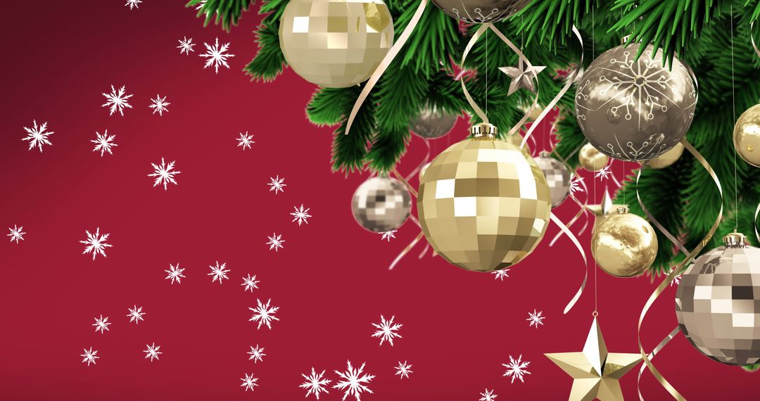 Festive Christmas Ornaments with Falling Snowflakes on Red Background