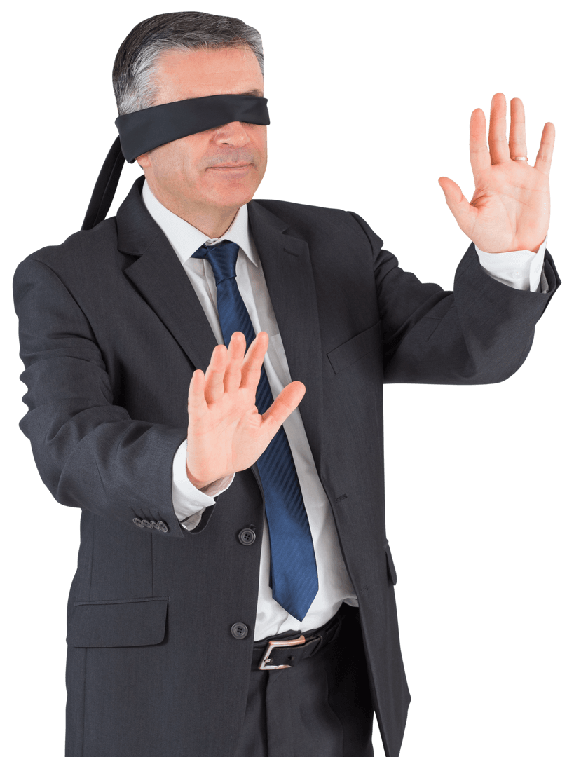 Mature Businessman Blindfolded Perceiving Surroundings Transparent Background