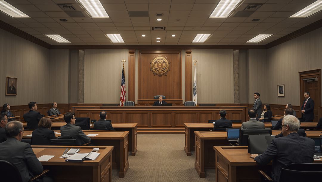 Presiding Judge Addressing Courtroom During Trial with Attorneys Using Laptops