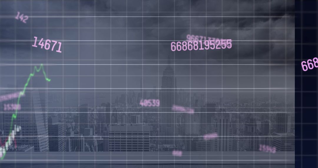 Digital Stock Market Overlay with Skyscraper Backdrop