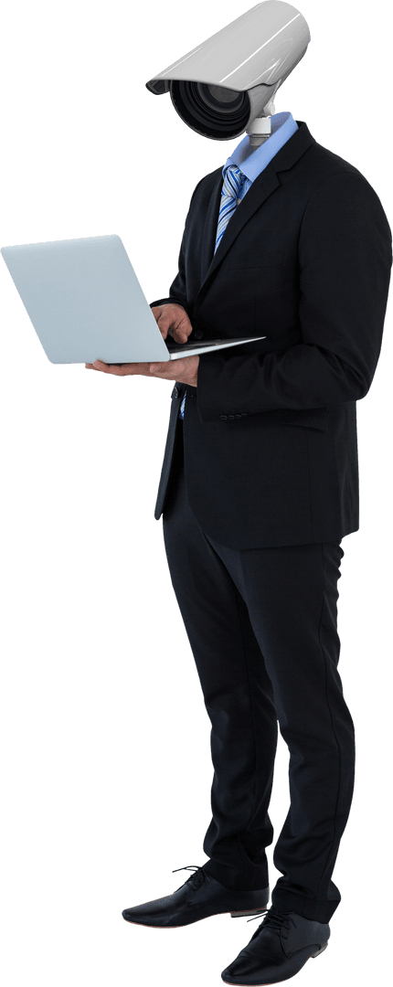Transparent Businessman with CCTV Camera Head Using Laptop