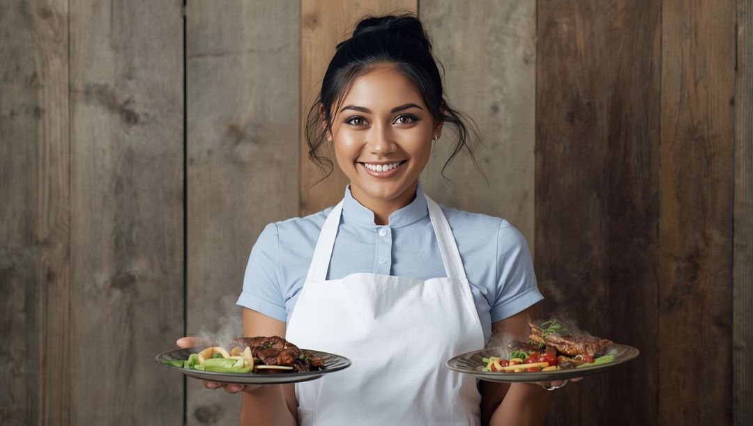 Server Presenting Delicious Grilled Dishes with Warm Smile