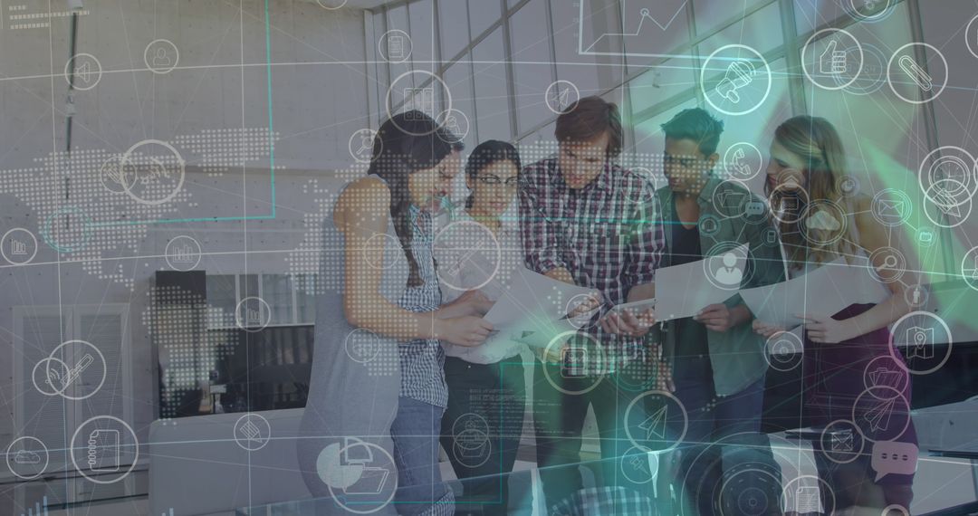 Diverse Team Collaborating in Tech-Enhanced Office Environment