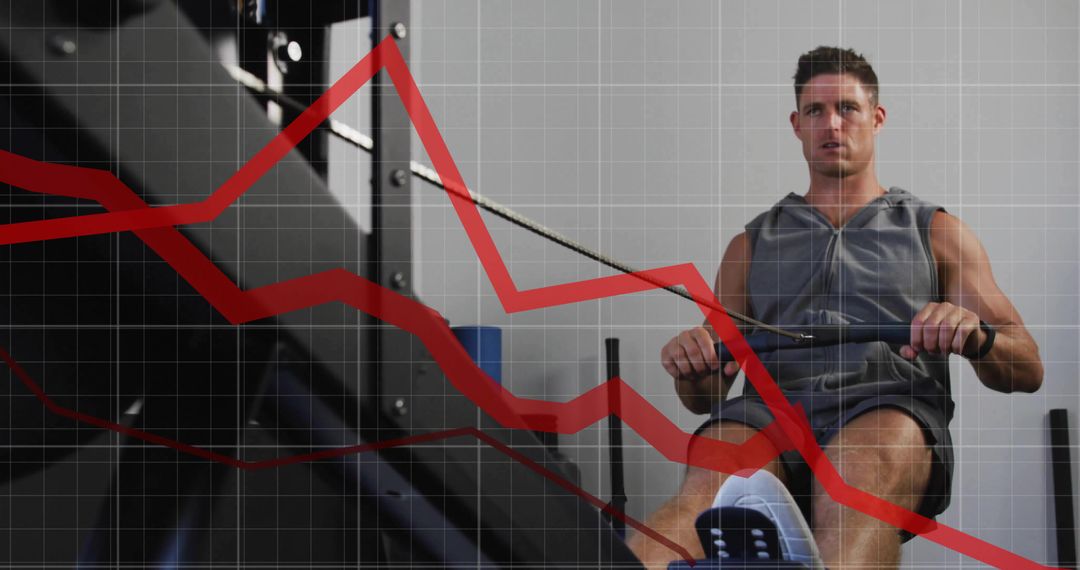 Man Rowing in Gym with Data Visualization Overlay