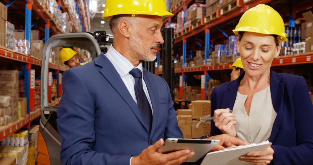 Warehouse Managers Collaborating with Technology in Modern Facility