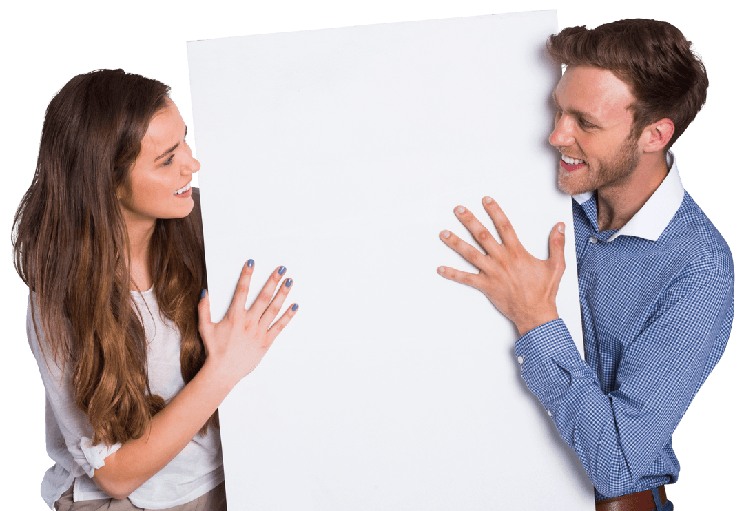 Smiling Couple With Empty Transparent Board Display