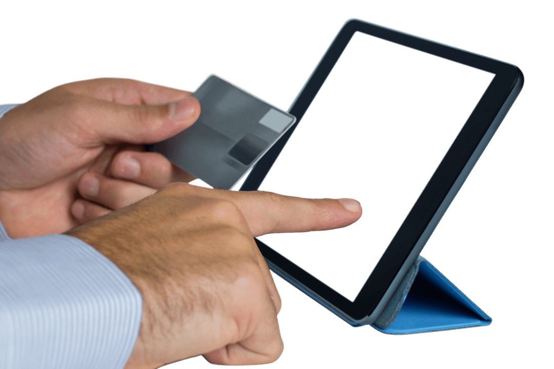 Businessman Using Tablet with Credit Card held on Transparent Background