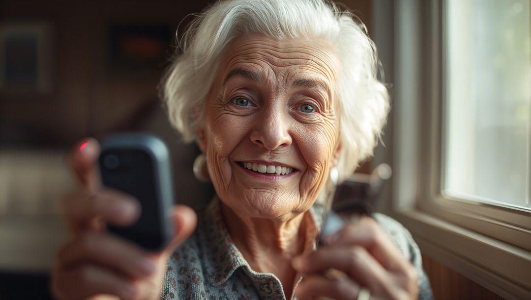 Smiling Senior Woman Holding Remote Controls by Window Light