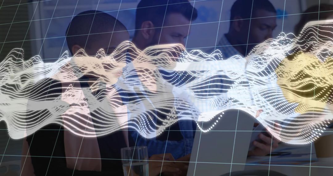 Business team reviewing data visualization with flowing digital waveform, grid wireframe