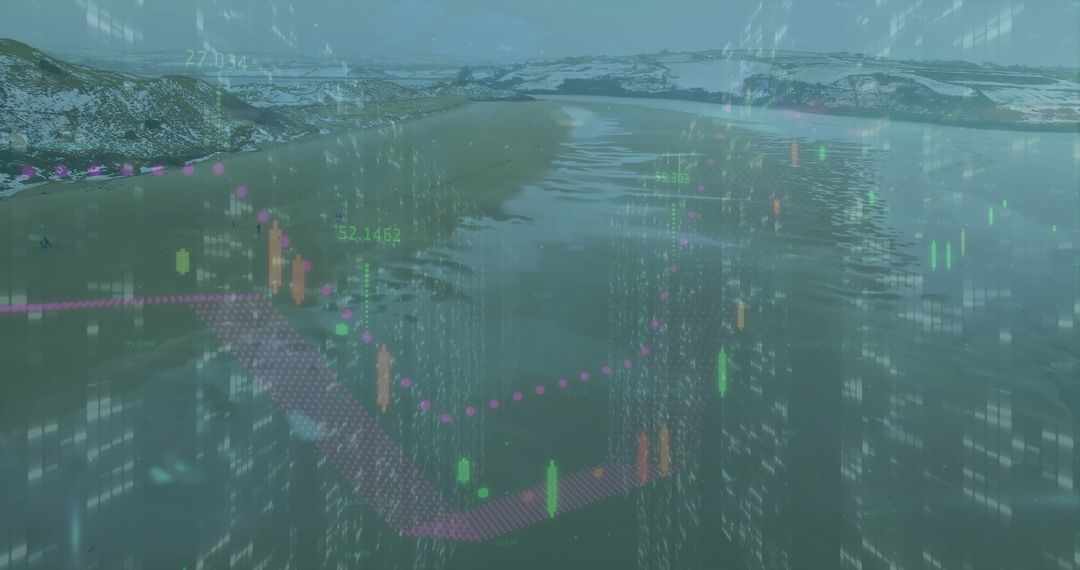 Futuristic Data Visualization Over Serene Landscapes