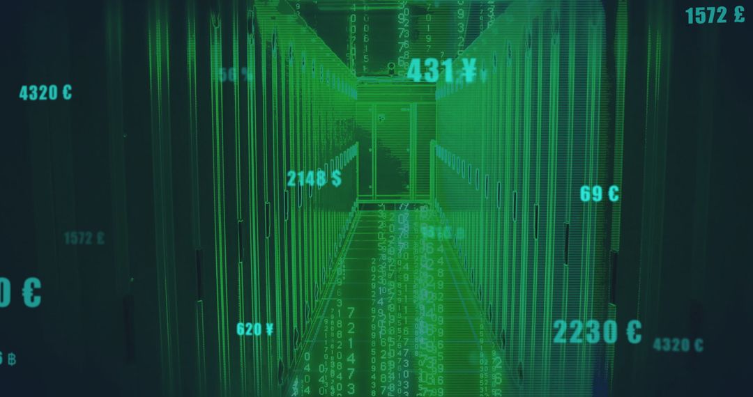 Futuristic Data Center with Illuminating Code and Currency Symbols