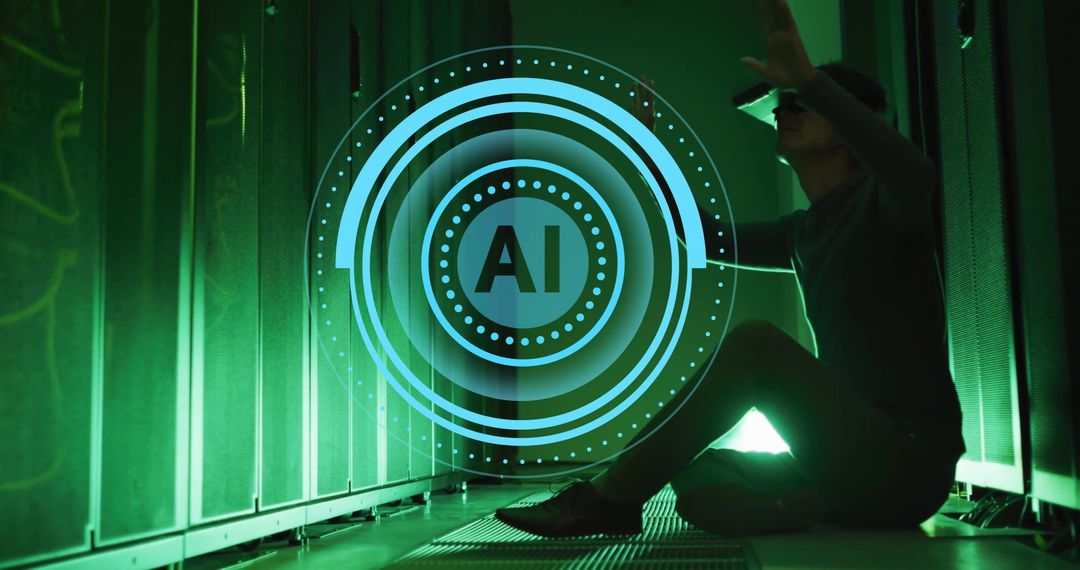 Man Engaging with Digital Interface Through VR Near Data Servers