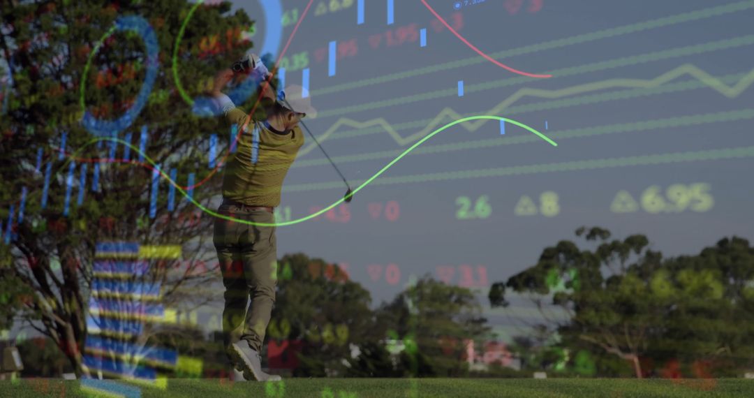 Golfer's Swing Integrated with Rising Financial Data Graphics