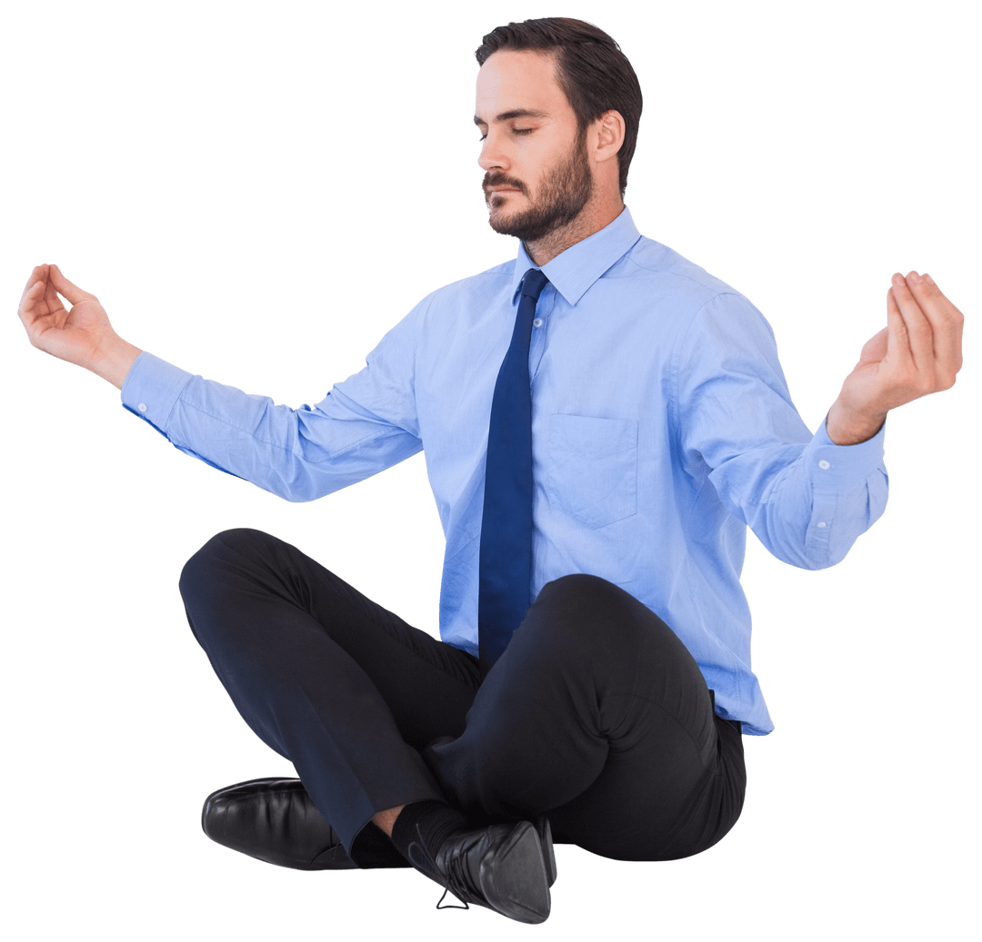 Transparent Businessman Meditating in Lotus Pose for Relaxation