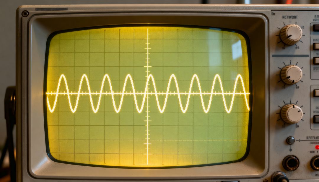 Vintage oscilloscope CRT displaying yellow sinusoidal waveform on graticule with knobs
