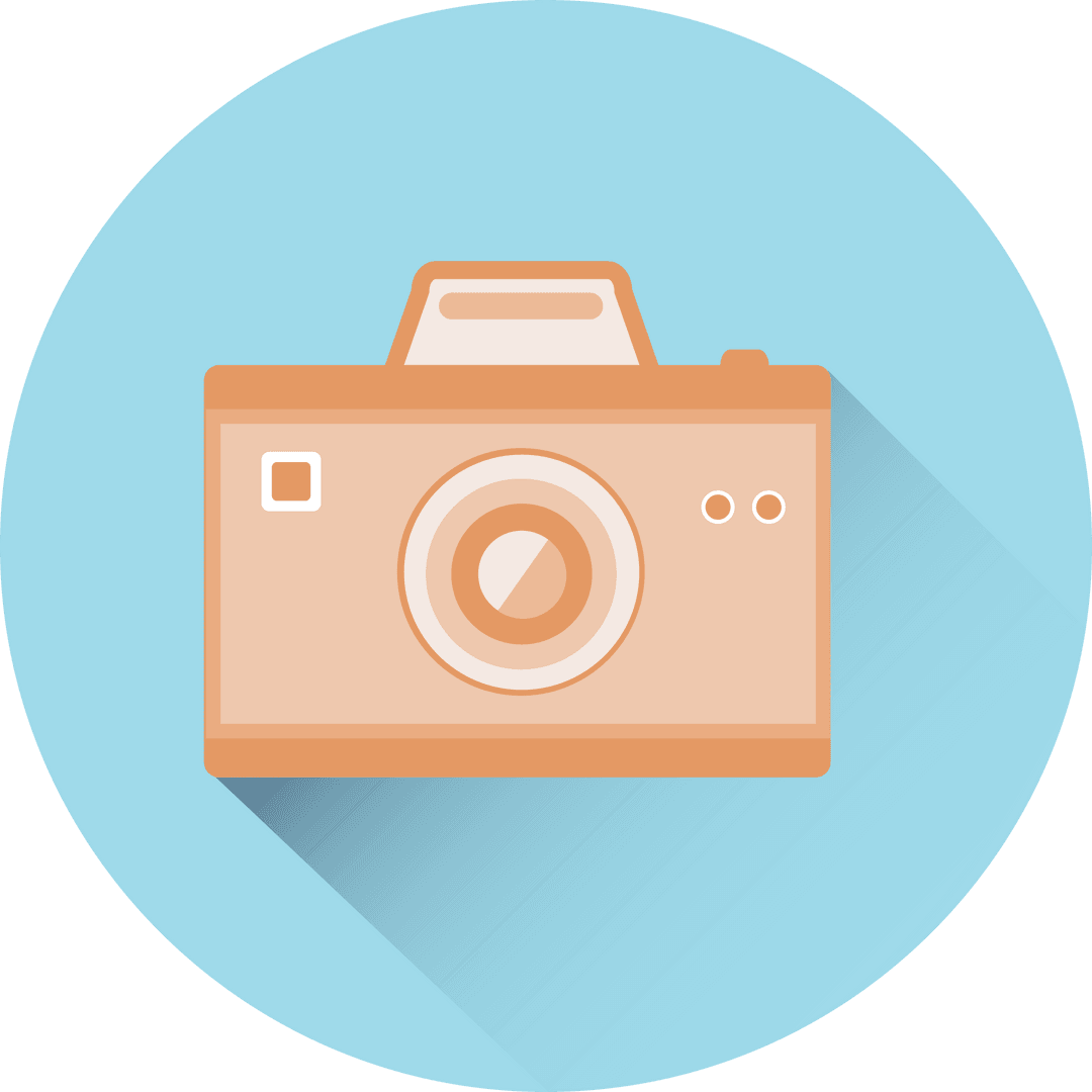 Transparent Vintage Camera Icon with Long Shadow on Blue Circle