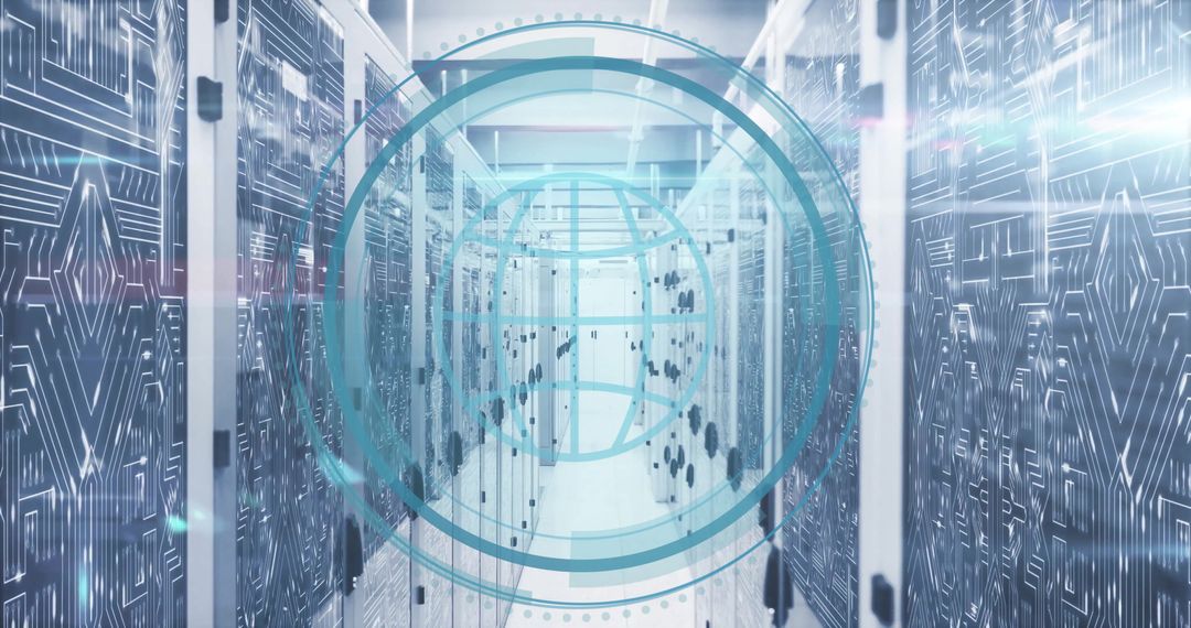 Digital Globe Overlaying High-Tech Data Servers in Futuristic Environment