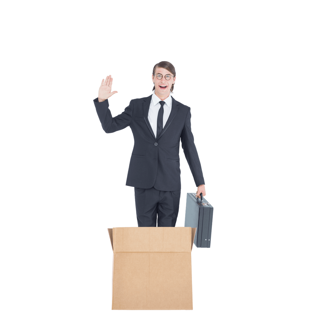 Transparent Businessman with Briefcase Waving from Cardboard Box