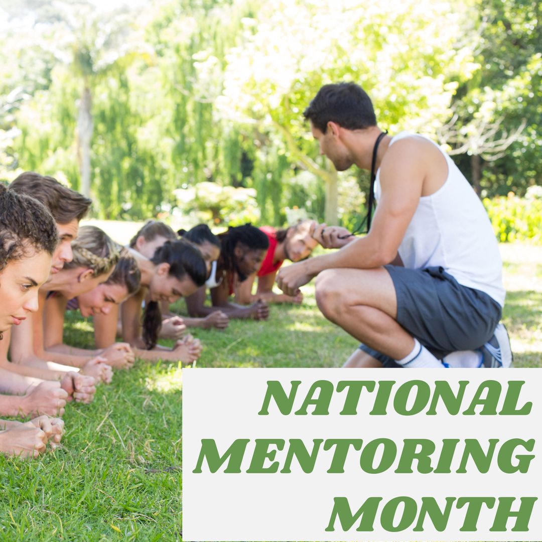 Coach Leading Fitness Team Building Outdoors during Mentoring Month