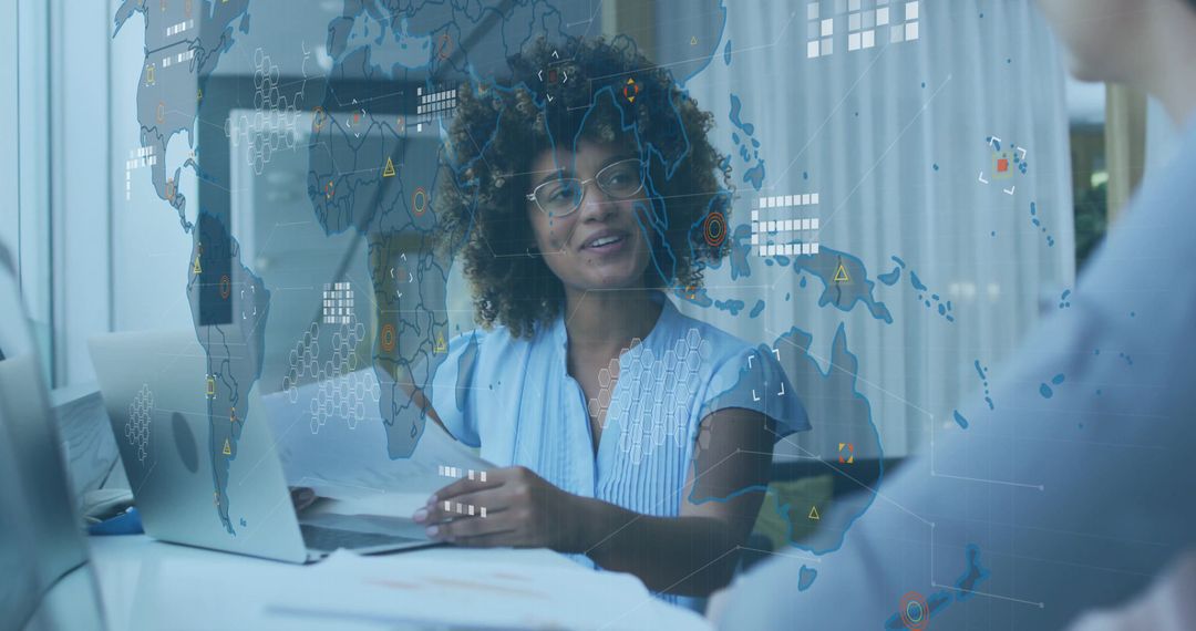 Curly-Haired Professional Showcasing Digital World Map in Modern Office
