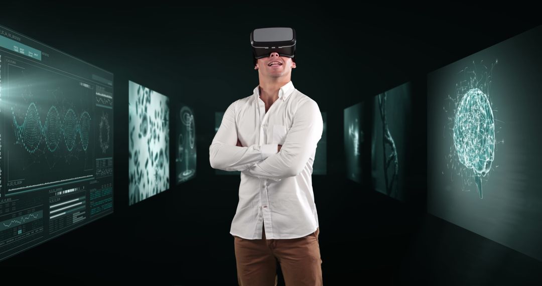 Businessman Immersed in VR World with Medical Data Visualizations
