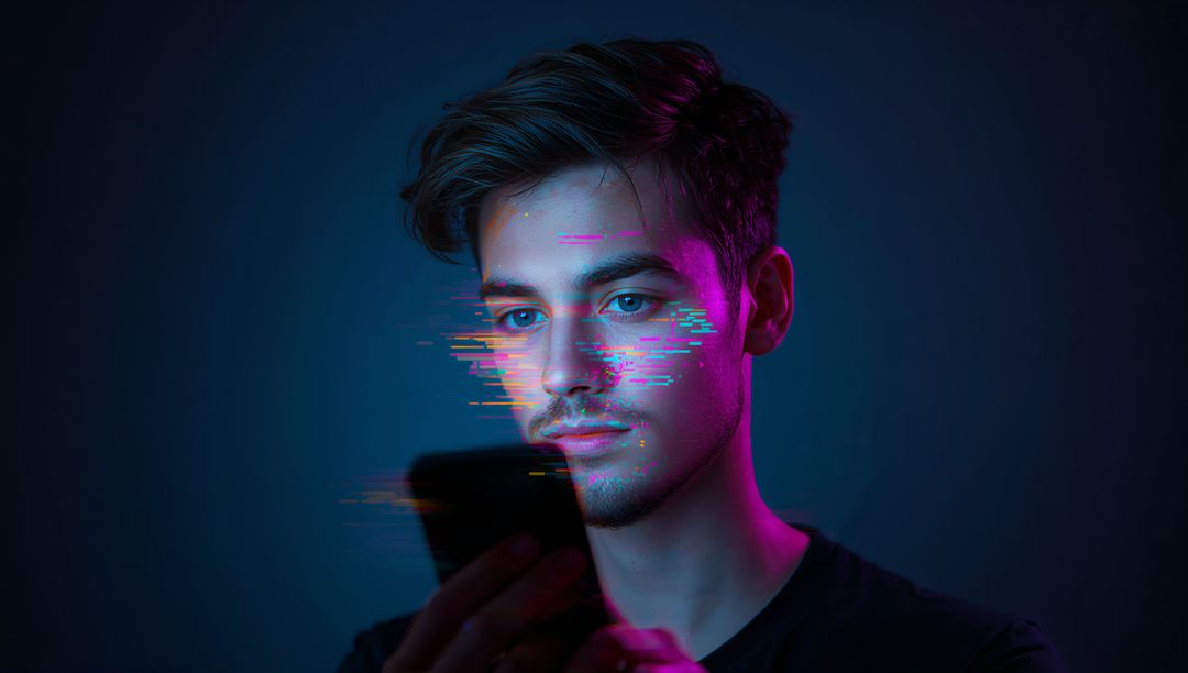 Man Engaged with Smartphone Amid Neon Glitch Effect