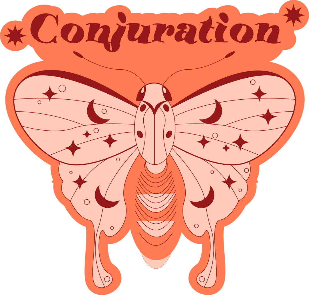 Mystical moth design on transparent background with 'conjuration' text