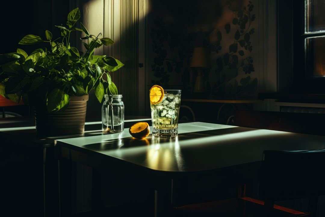 Sunlit Room with Refreshing Lemonade and Potted Plant on Table - Free Images, Stock Photos and Pictures on Pikwizard.com