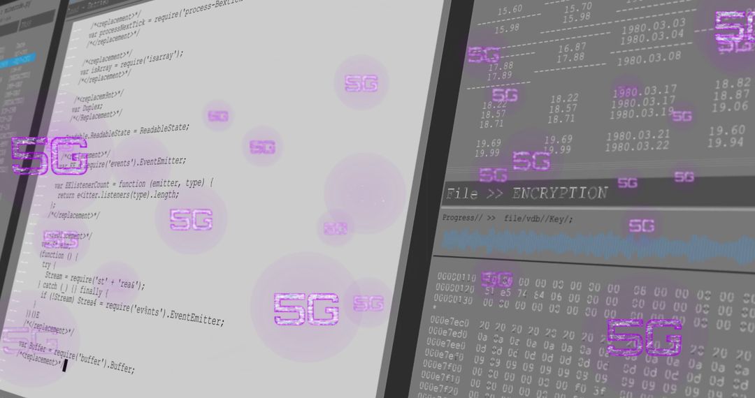 Monitors Displaying JavaScript Code with 5G Elements Symbolizing Advanced Technology